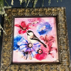 Chickadee and poppies